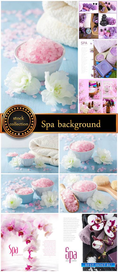 Spa backgrounds, sea salt, orchids, candles - stock photos