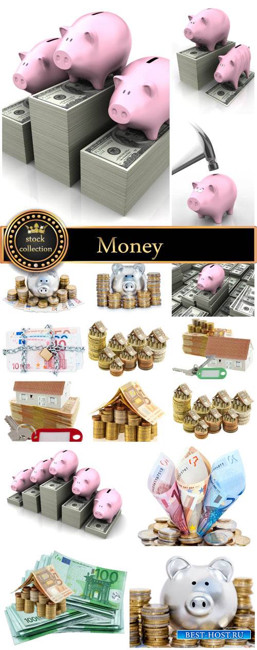 Money by piggy bank with money - Stock Photo