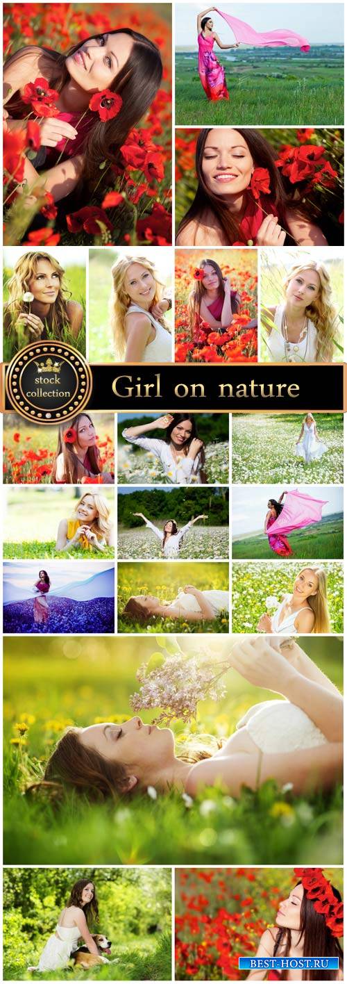 Girls in nature, flower fields - stock photos