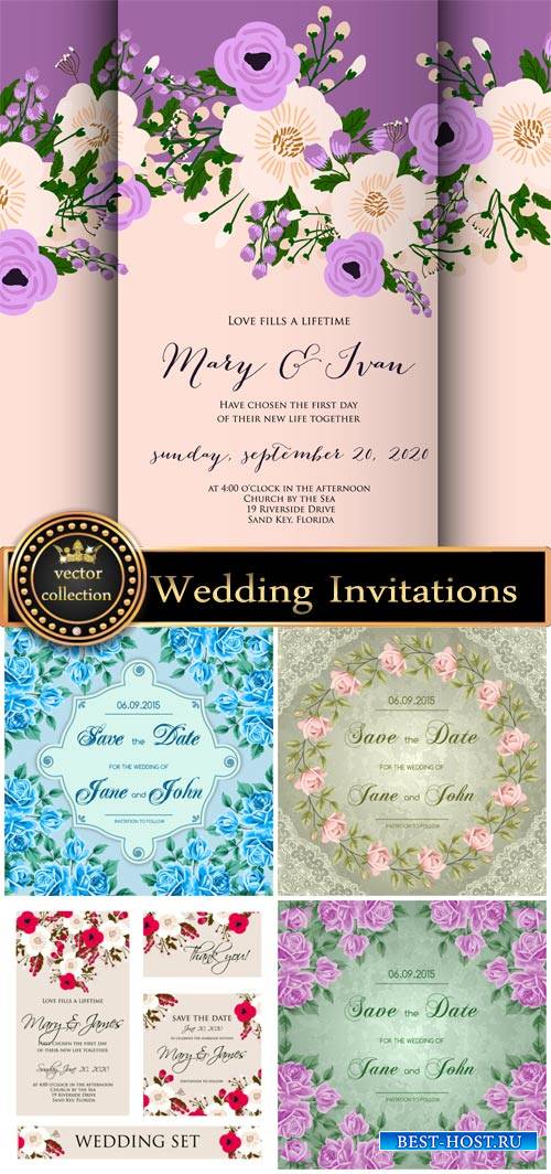 Vintage wedding invitations with flowers, backgrounds vector