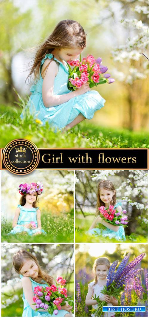 Girls with flowers, spring - stock photos