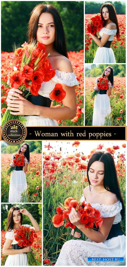 Woman with red poppies - Stock Photo