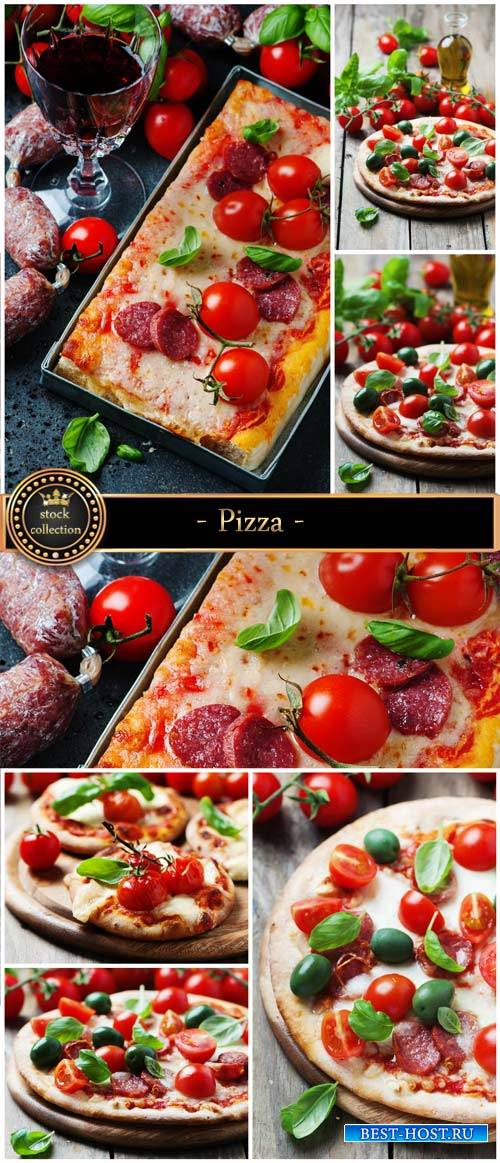 Pizza with tomato and salami - Stock Photo