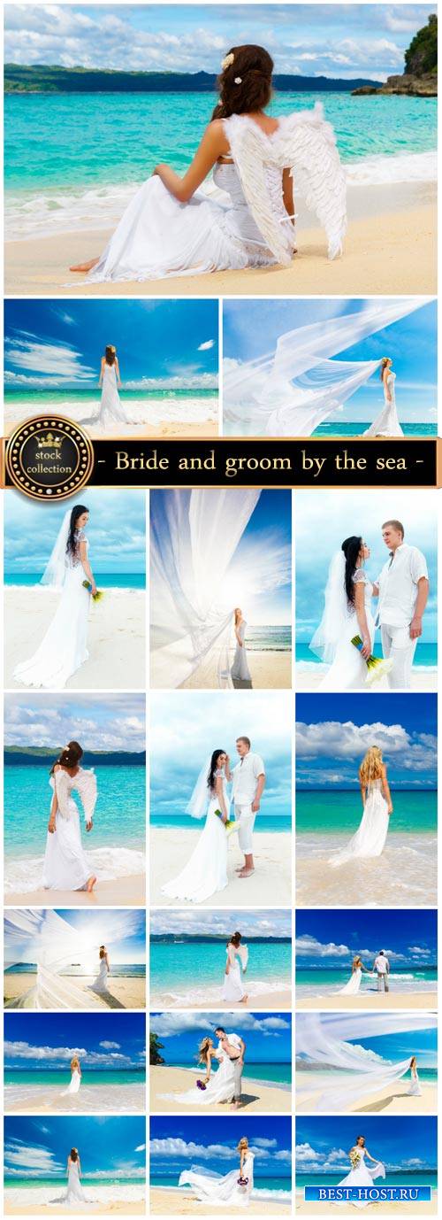 Bride and groom by the sea, wedding - stock photos