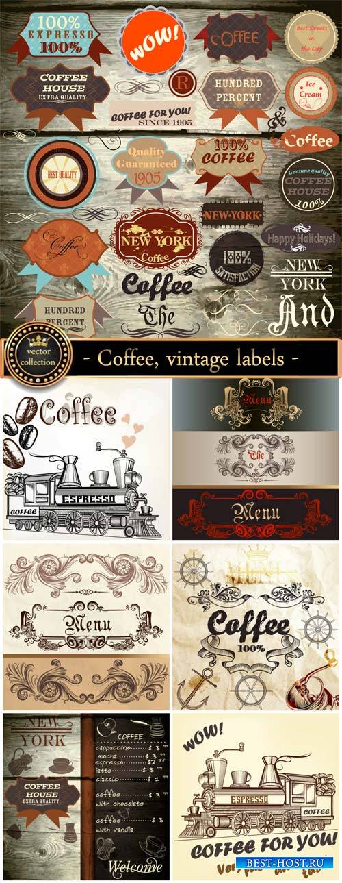 Coffee, vintage labels and backgrounds vector