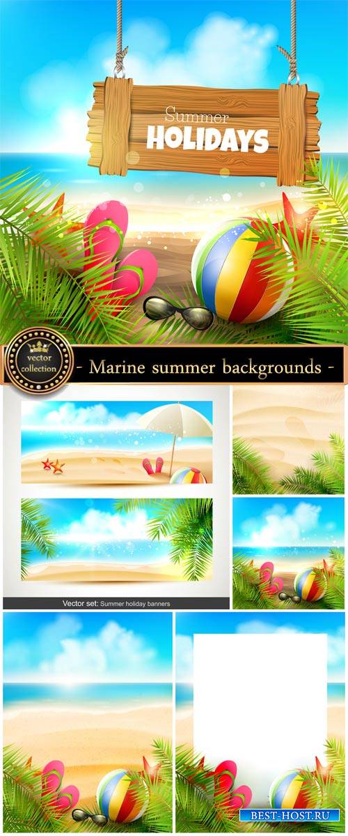 Marine summer backgrounds vector, beach, palm trees