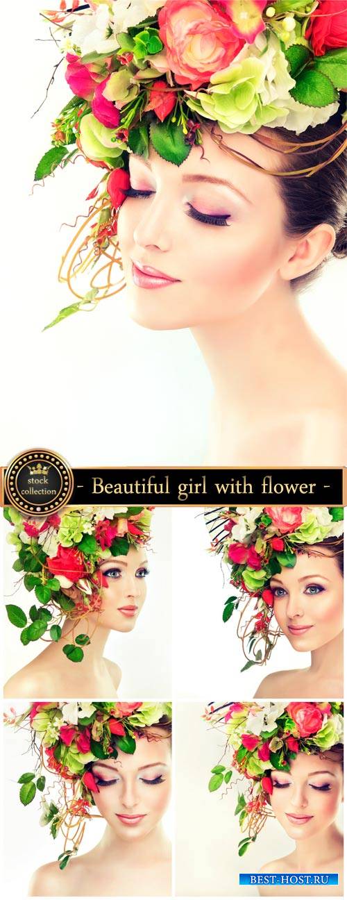 Beautiful girl with floral wreath on her head - stock photos