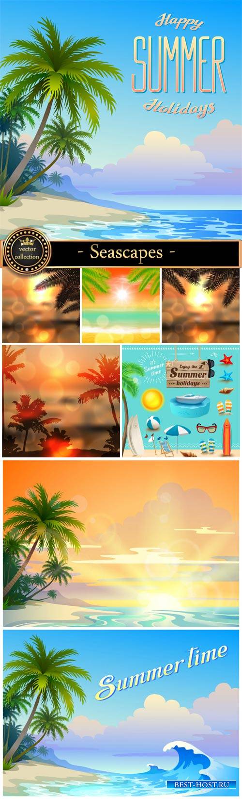 Seascapes, vector backgrounds with palm trees