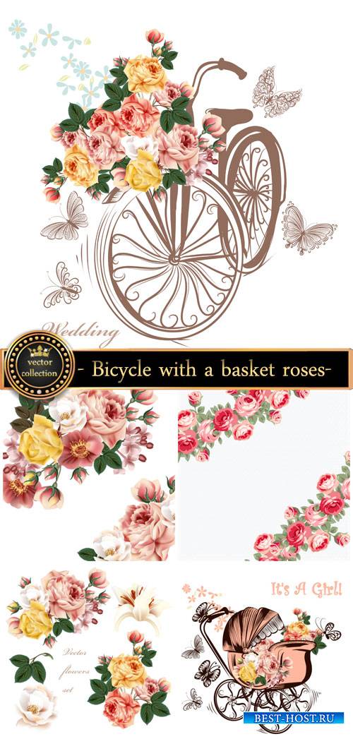 Bicycle with a basket, roses and butterflies, vector backgrounds