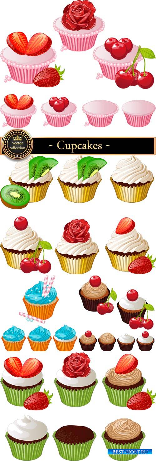 Cupcakes with cherry and strawberry vector