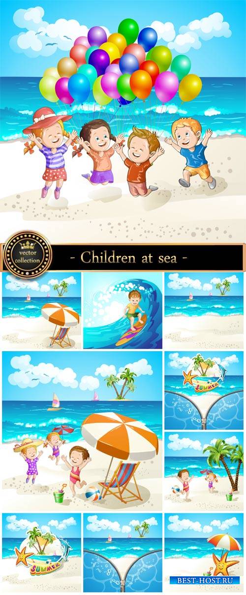 Children at sea, summer vacation, vector