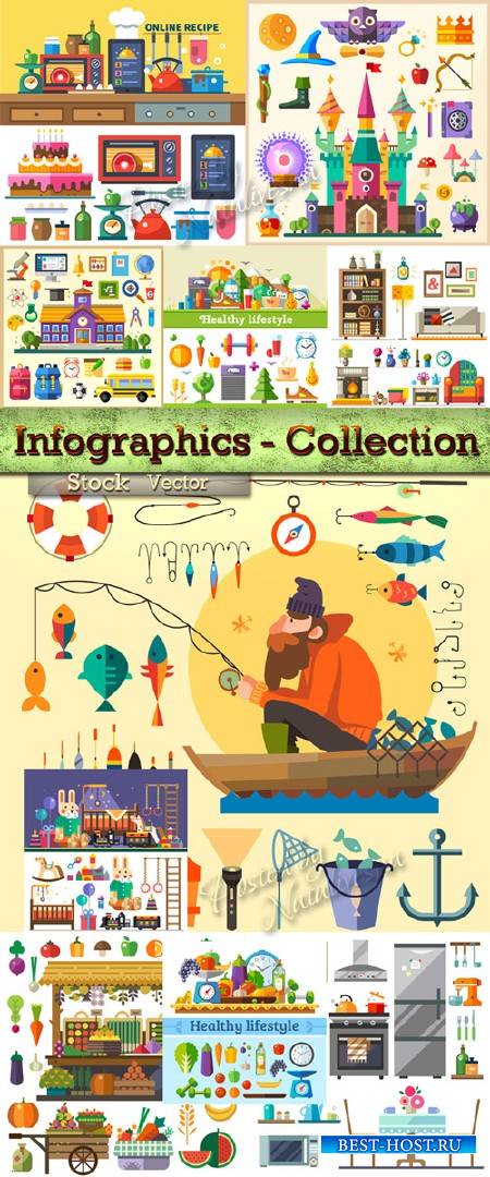 Коллекция инфографики на разные темы в Векторе – Продукты, школа, рыбалка,  ...
