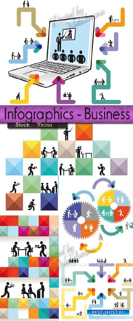 Бизнес, связи и сотрудничество в офисе - Коллекция инфографики в Векторе