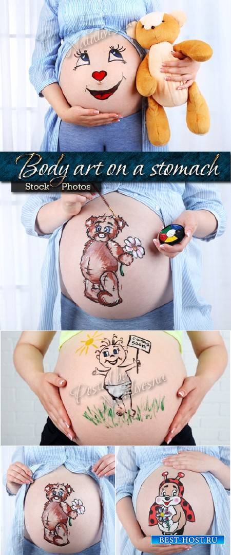 Мишка, божья коровка и колобок - Боди-арт на животе беременной женщины