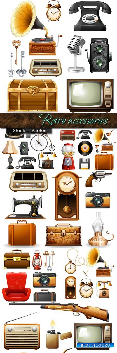 Телефон, часы, грамафон, чемодан и другие аксессуары в Ретро стиле