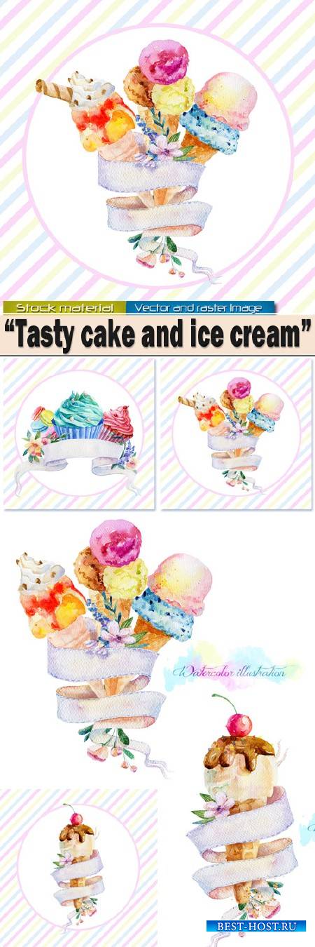 Акварельные иллюстрации с лентой для текста – Вкусное мороженое и пирожное