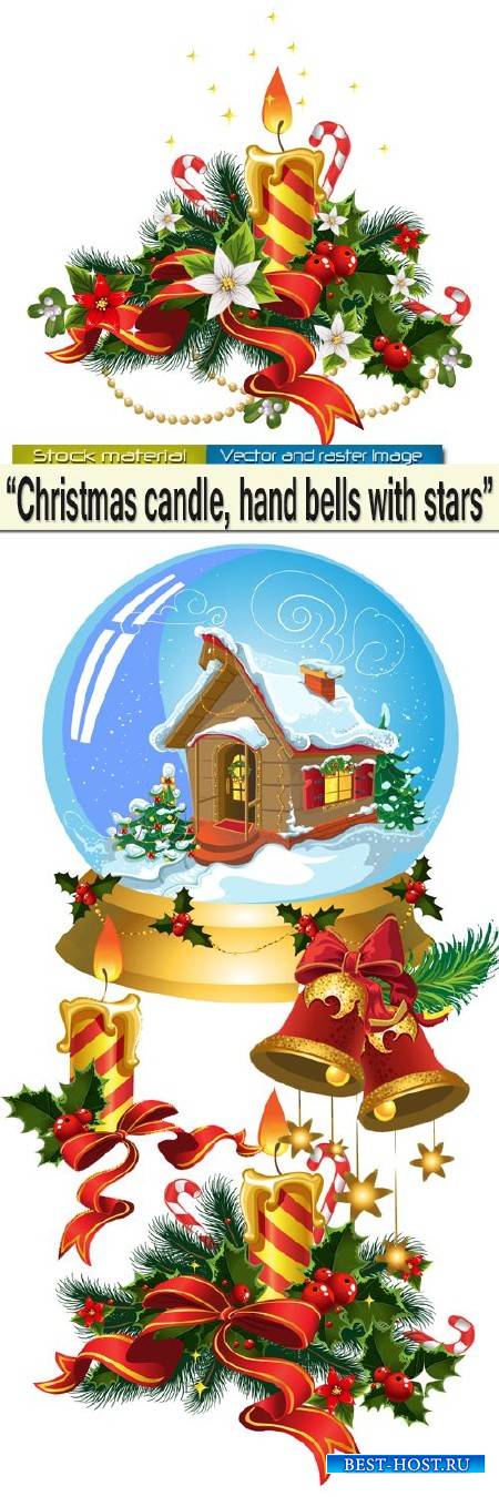 Рождественская свеча, снег и колокольчики со звездами в Векторе