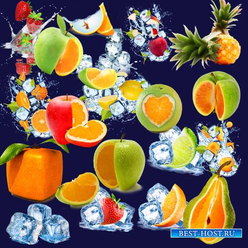 Клипарт в PNG на прозрачном фоне - Стилизованные фрукты и лёд