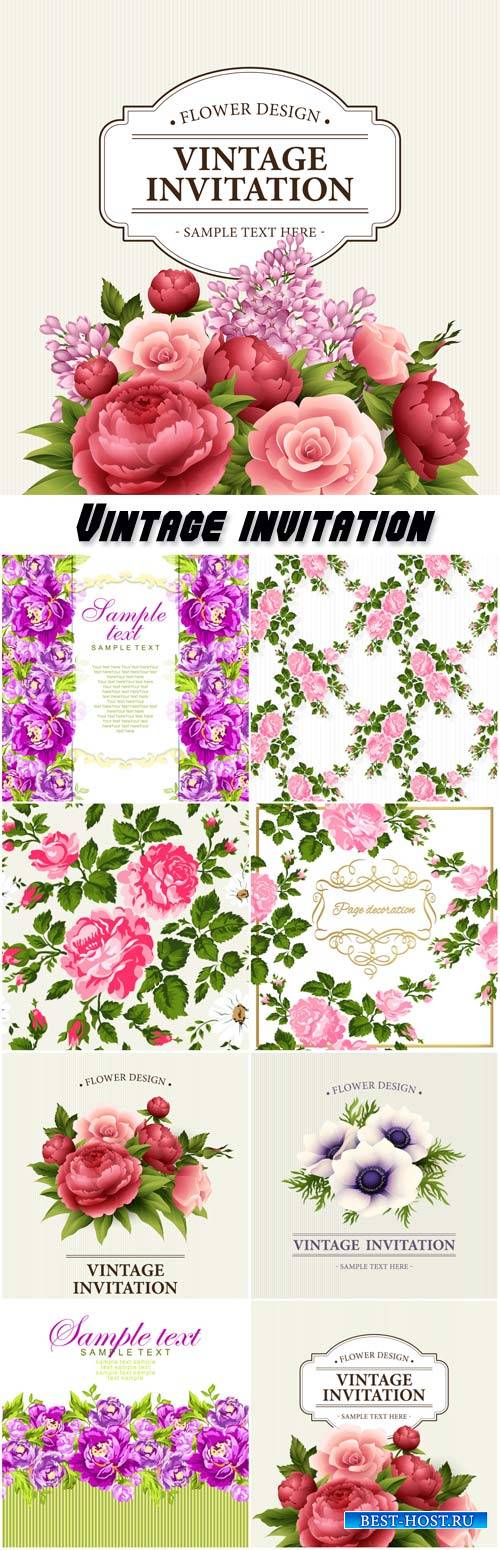 Vintage invitation vector, backgrounds with flowers