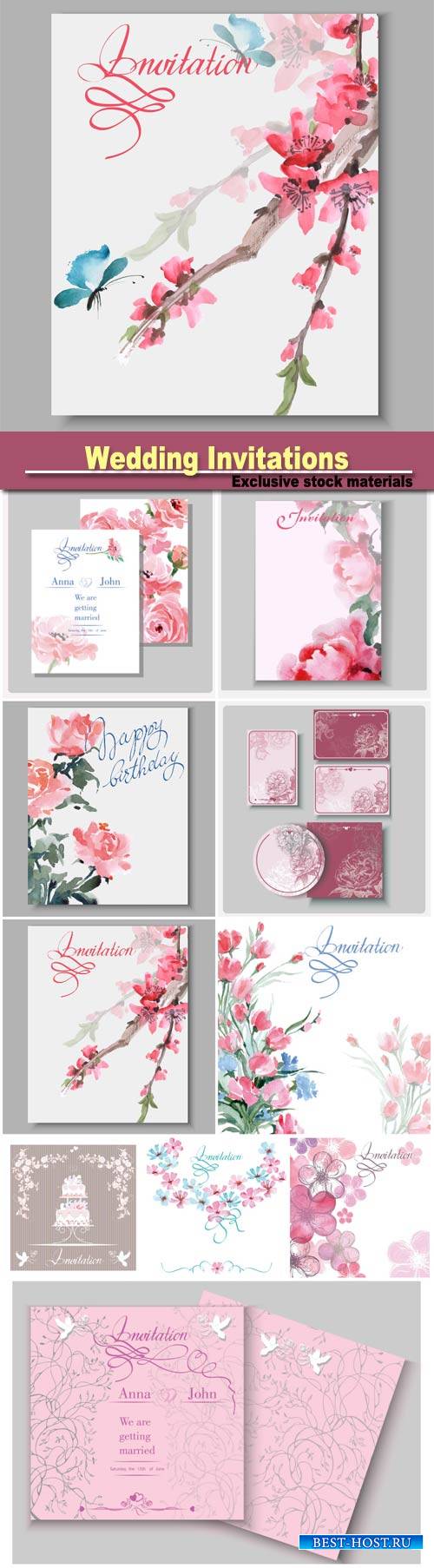 Wedding Invitations with beautiful flowers and butterflies