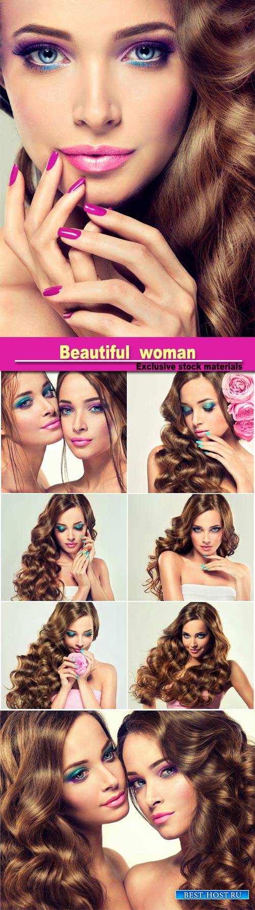 Portrait of young models, with lush hair, perfect violet makeup and pink ma ...