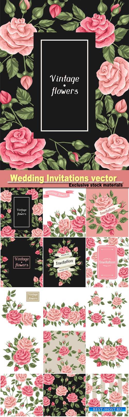 Wedding Invitations, vector background with roses