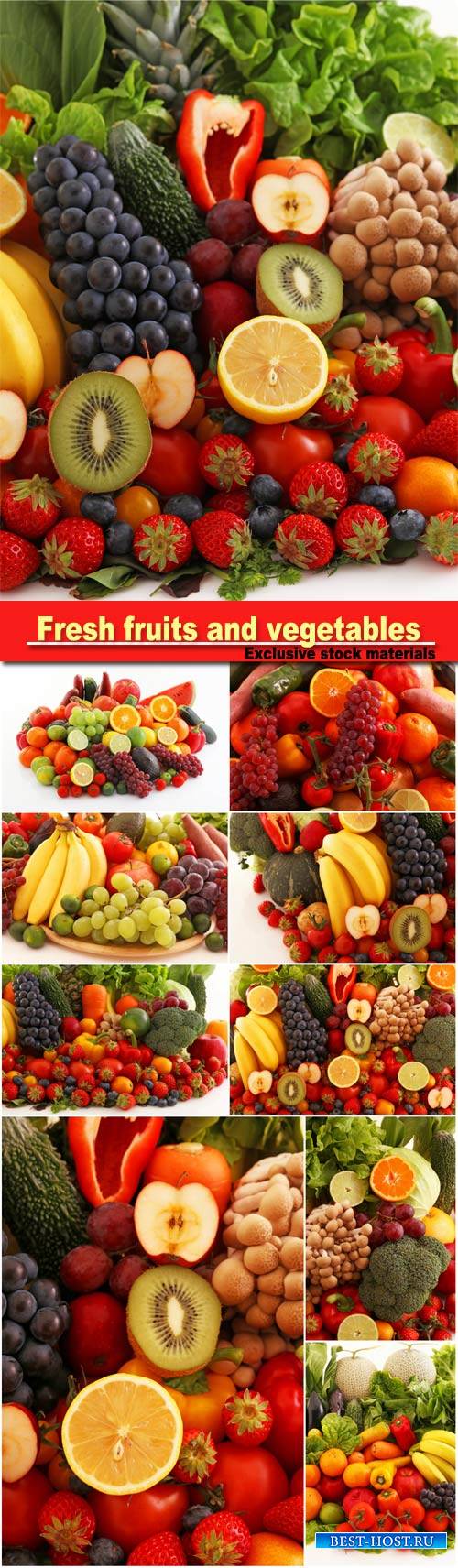 Fresh fruits and vegetables, grapes, bananas, oranges, kiwi