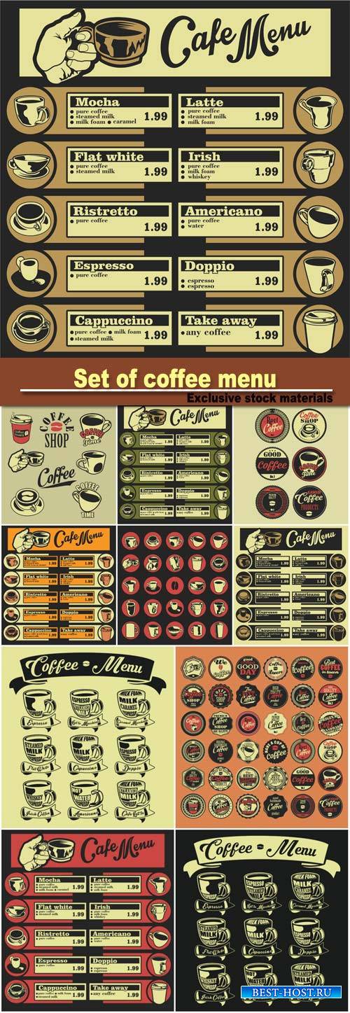 Set of coffee menu with a cups of coffee drinks illustrations