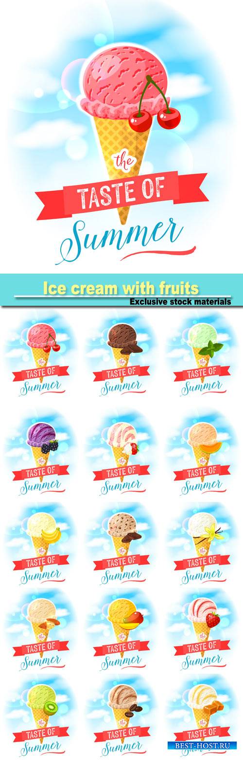 Ice cream with fruits and berries, vector illustration