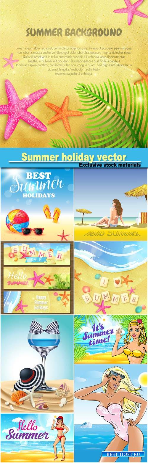 Summer holiday, vector backgrounds, sea and woman in swimsuits