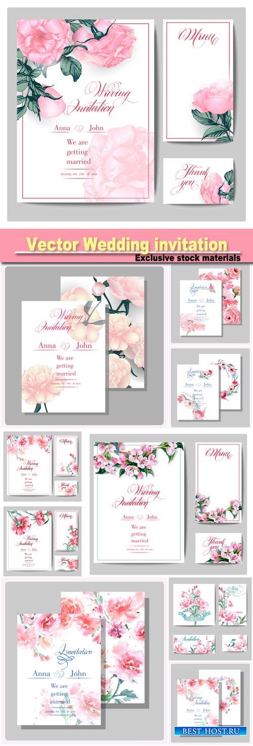 Vector Wedding invitation with a variety of flowers