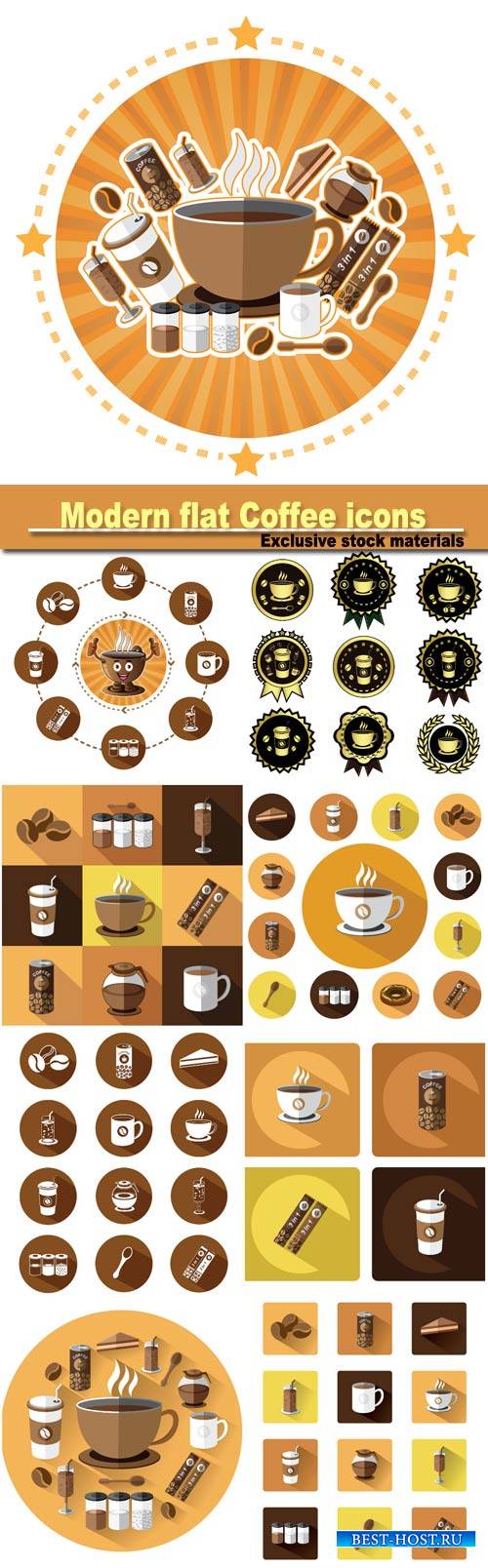 Modern flat Coffee icons set with long shadow effect