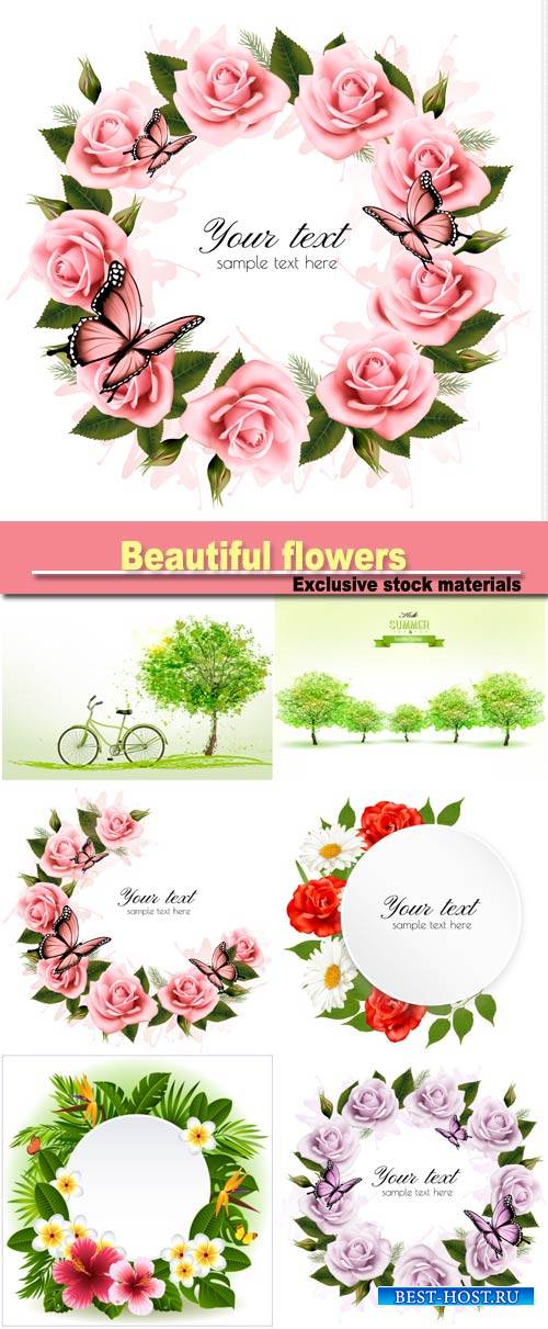 Holiday background with beautiful flowers and pink butterflies