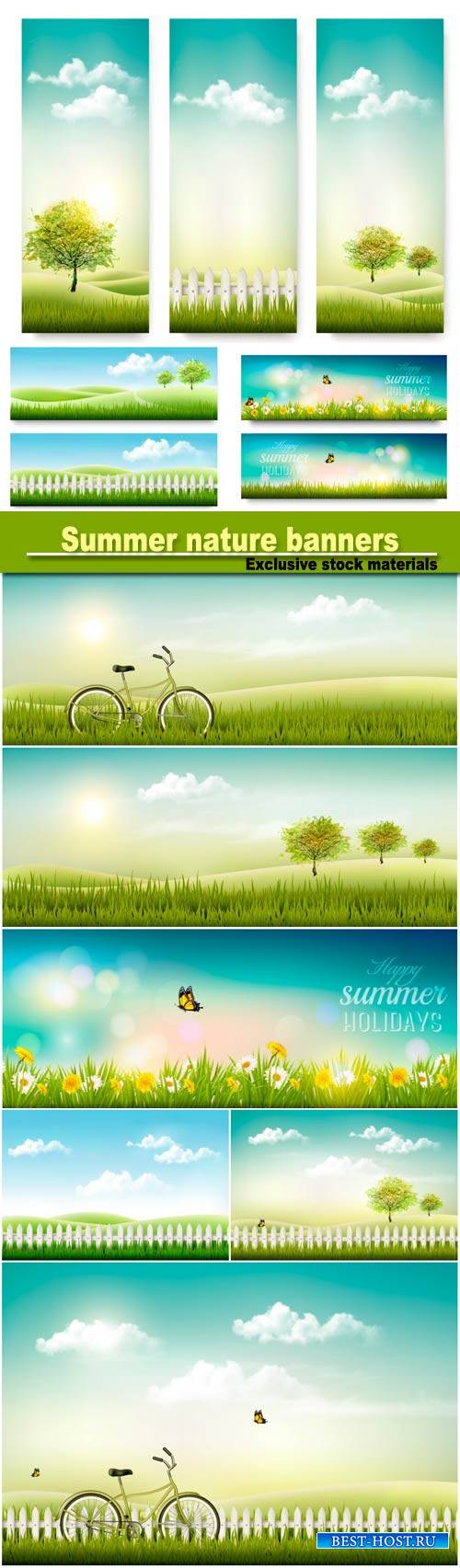 Summer nature banners with green trees and sun