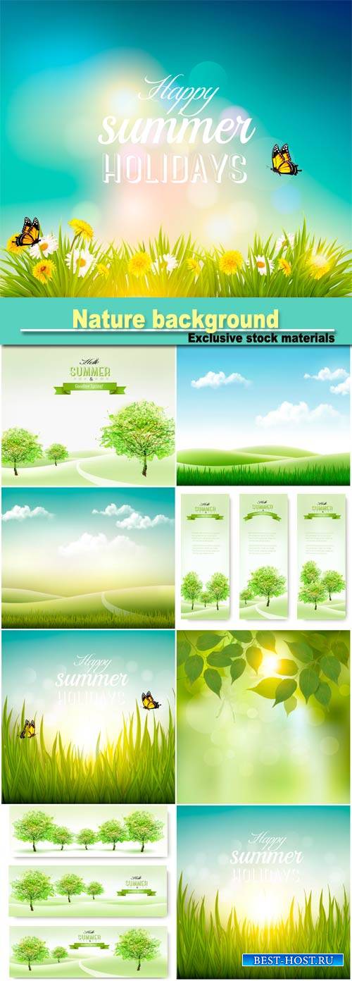 Nature background with green grass and blue sky