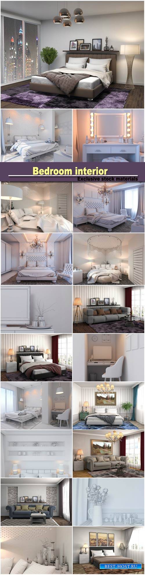 Bedroom interior, interior with sofa, 3d illustration