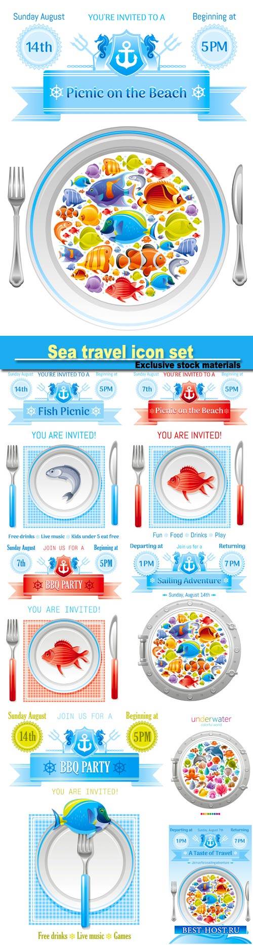 Sea travel icon set with underwater diving animals, dolphin, killer whale, starfish, coral, oyster pearl