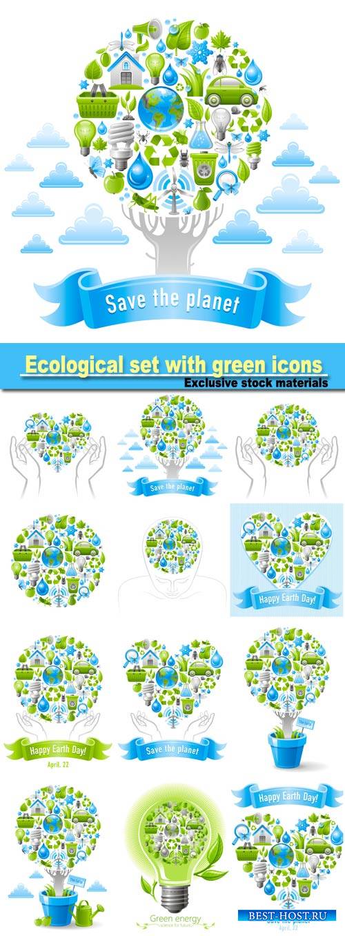 Ecological set with green icons on white background for environment protect ...