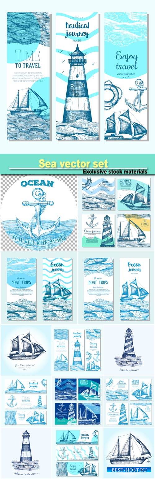 Sea set, nautical elements banner collection, vector illustration