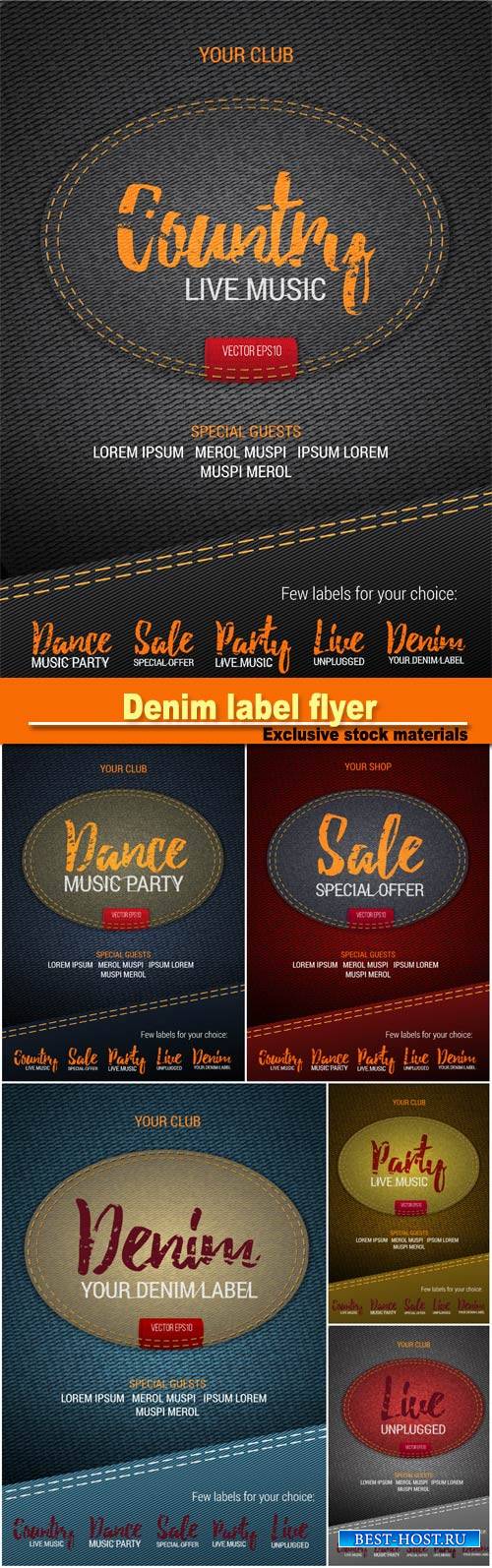 Denim label flyer or banner with denim background, denim label