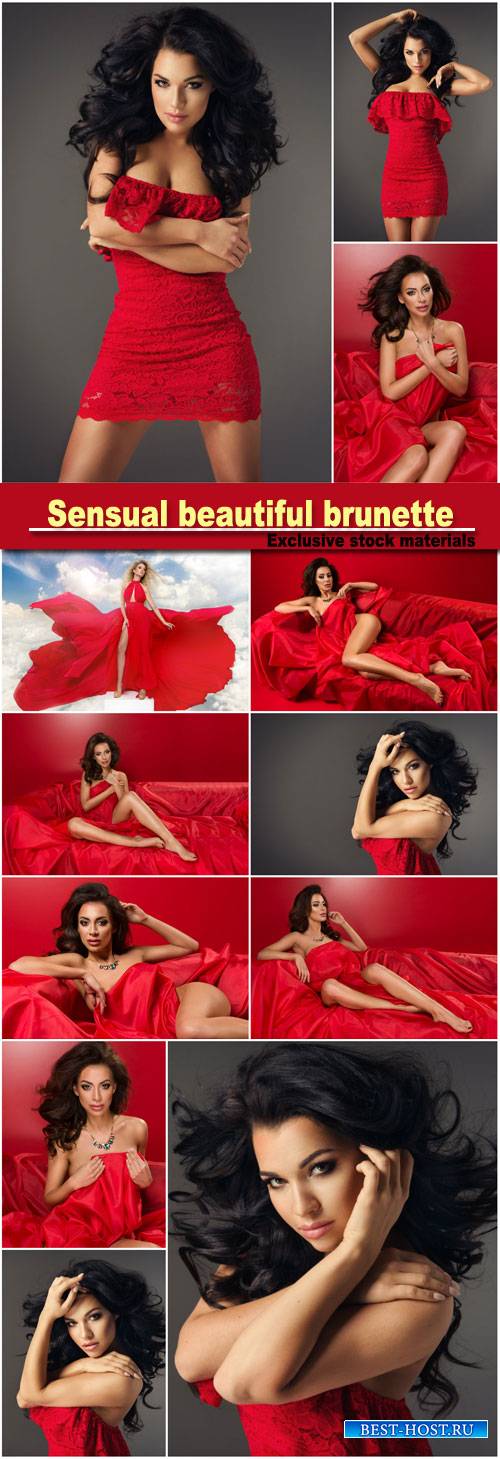 Sensual beautiful brunette woman posing in red dress, girl with long curly  ...