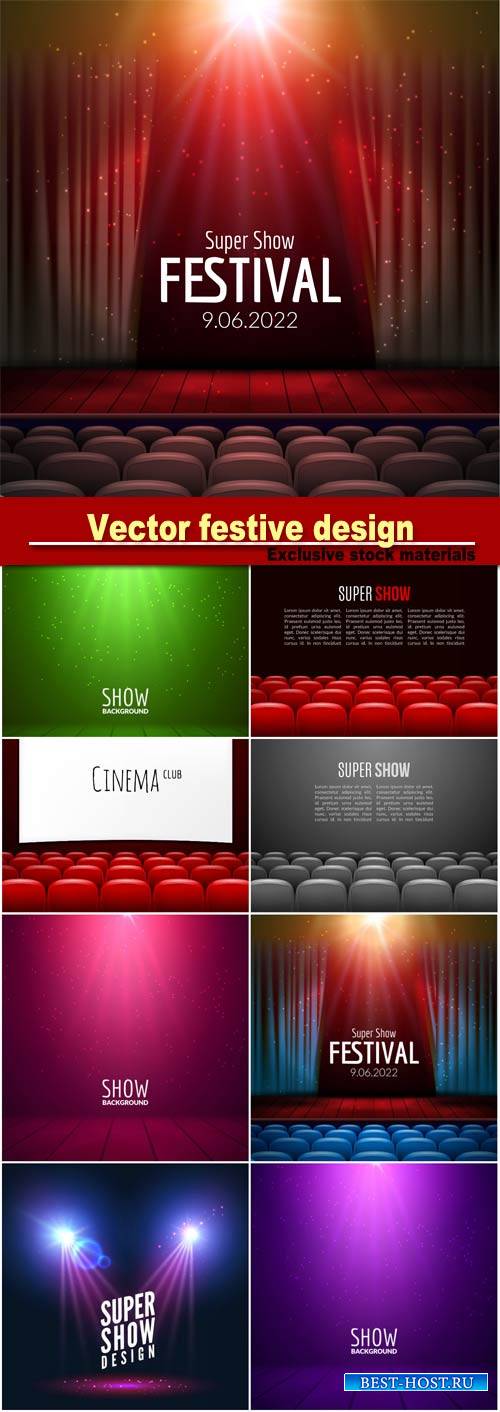 Vector festive design with lights and wooden scene and seats, poster for concert, party