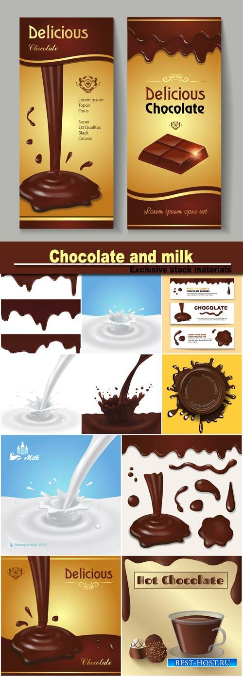 Delicious dark premium chocolate and milk splashes and drops banners set vector illustration