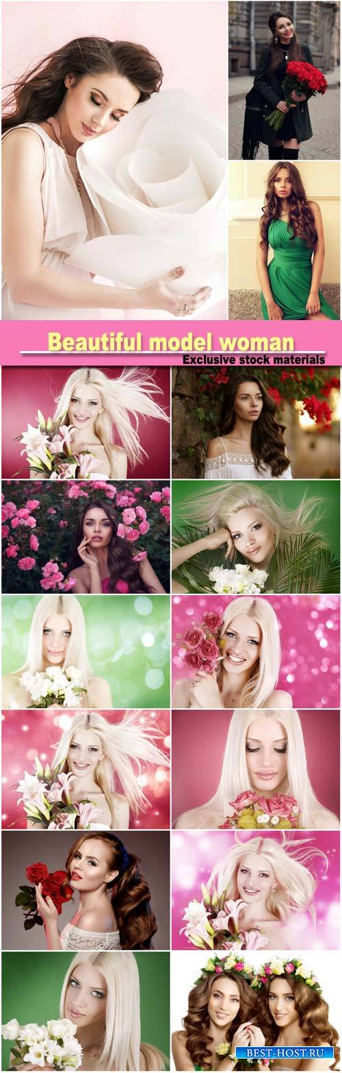 Beautiful model woman with flower in hair beauty salon makeup