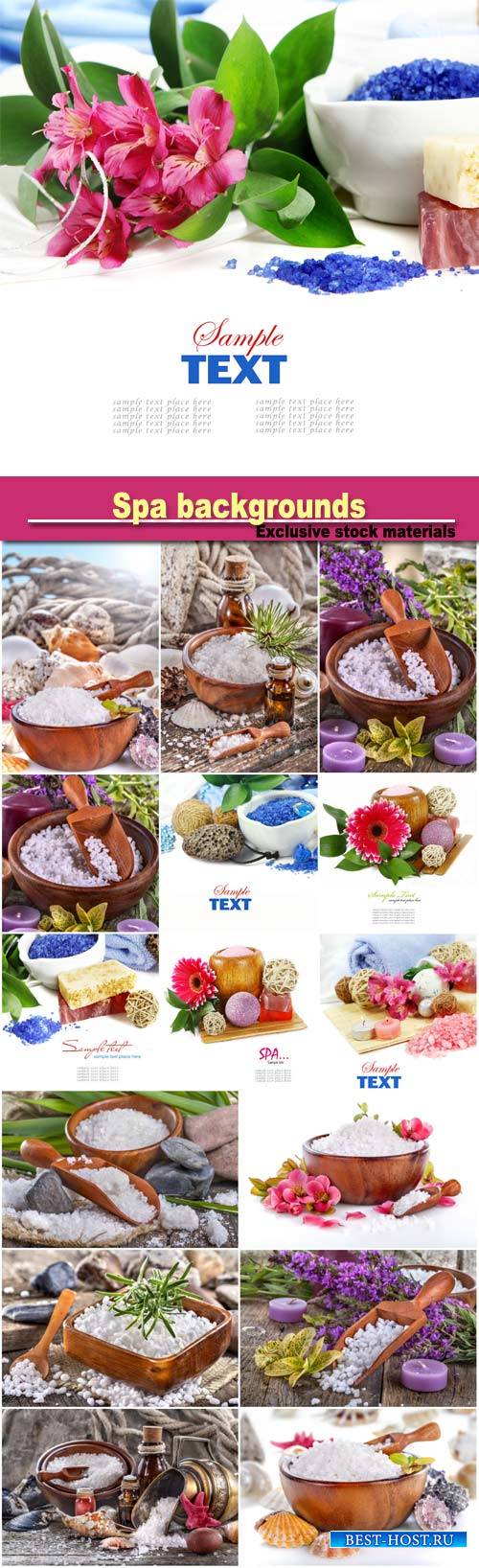 Spa backgrounds, salt bath in wooden spoon with flowers and  leaves in back ...
