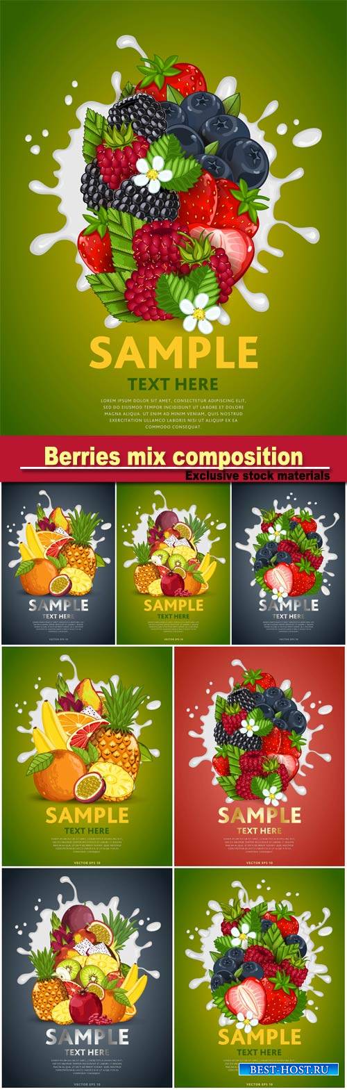 Berries mix composition in milk splash vector illustration