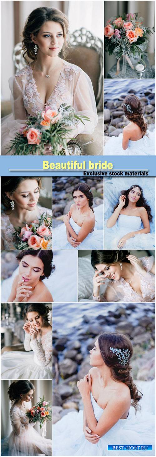 Beautiful bride, wedding dress, bouquet of roses