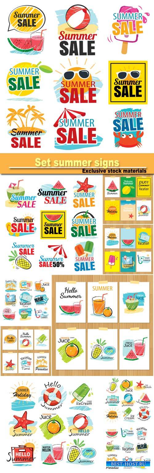 Set of hand drawn summer signs and banners, graphic for summer holiday