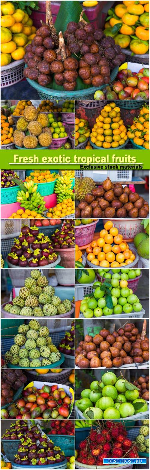 Fresh exotic tropical fruits for sale at an outdoor market, durians, mandarins, lemons