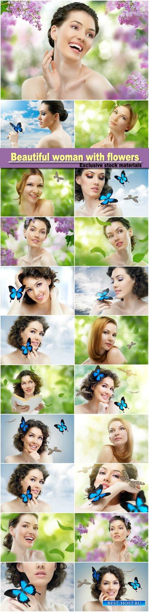 Beautiful woman with flowers and butterflies